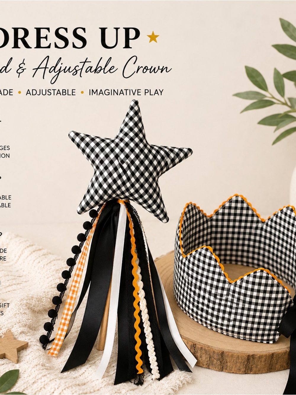 Black & White Gingham Star Wand and Crown Dress-Up Set for Kids